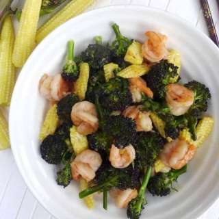 Purple sprouting broccoli and prawn stir-fry