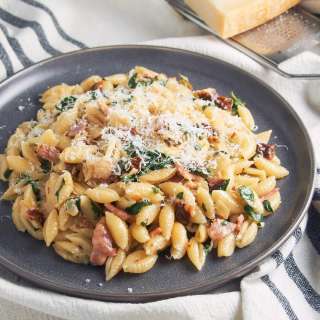 Bacon sun dried tomato pasta with spinach and cream