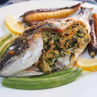 Chard couscous stuffed fish (baked whole fish)