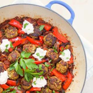 Kofte-style lamb meatballs in a tomato-pepper sauce