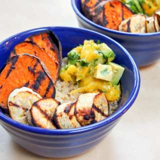 Cuban quinoa bowl with grilled sweet potato and plantain and avocado-mango salsa