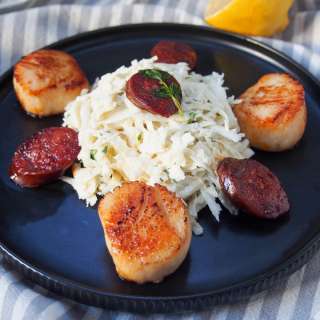 Celeriac remoulade, pan seared scallops and chorizo
