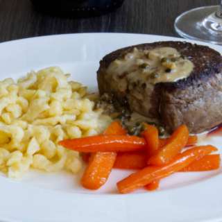 Beef filet with Green Peppercorn with German Spätzle and Glazed Carrots