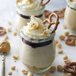 Peanut Butter Protein Cheesecake Cups with Pretzel Crust