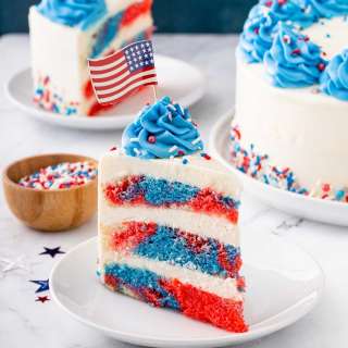LAYERED RED, WHITE AND BLUE MARBLE CAKE