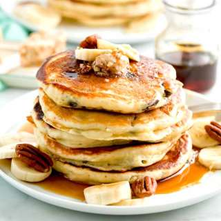 Chocolate Chip Banana Pancakes with Maple Pecan Butter
