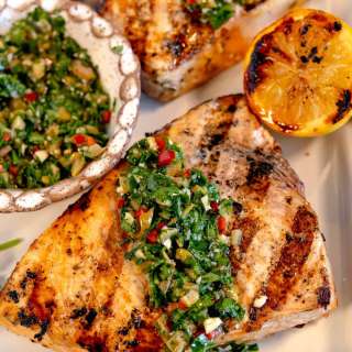Marinated Grilled Swordfish with Olive Chimichurri