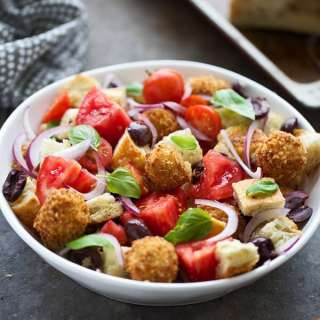 Greek Panzanella Salad with Fried Goat Cheese Balls