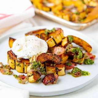 Bacon roasted delicata squash with walnut parsley pesto