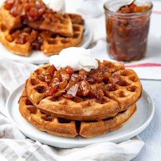 Spiced Yeasted Waffles with Pecans and Caramel Apple Compote