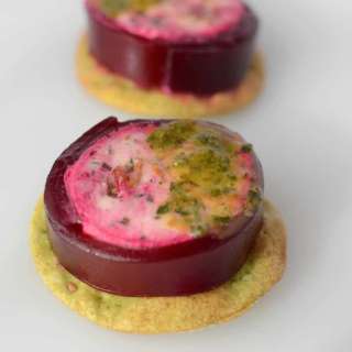 Pickled Beet Jelly with Goat cheese and Candied Pistachios