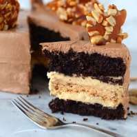 Chocolate Peanut Butter Cake (with Caramel Peanut Butter Nougat Filling and Chocolate French Buttercream Frosting)