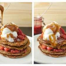 Coffee Pancakes with Rapsberry and Peach Compote