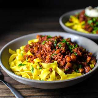 Apricot and Chorizo Bolognese with Turmeric Pasta