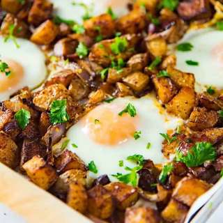 Oven Roasted Breakfast Potato Hash (with Bacon and Eggs)
