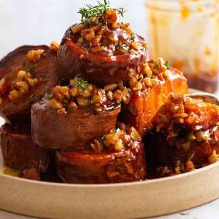 Fondant Slow-Roasted Sweet Potatoes - with Maple Butter Pecans