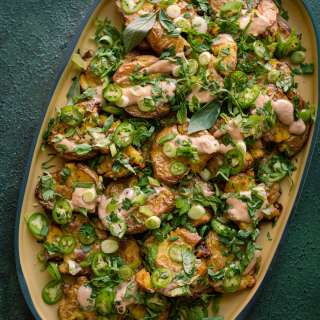 Crispy Smashed Potatoes with Ginger-Tahini Dressing