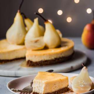 Ginger-Orange Vegan Cheesecake with Poached Pears