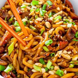 Asian Style Udon Noodles with Pork and Mushrooms