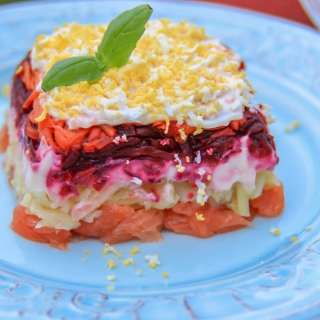 Shuba with Salmon, a twist on Herring Salad