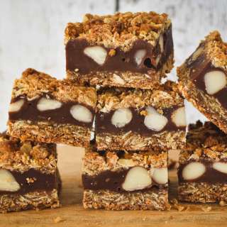Anzac Slice with Choc Macadamia filling