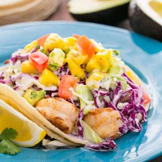 Shrimp Tacos with Coconut Coleslaw and Mango Salsa