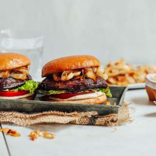 Balsamic Portobello Burgers with Caramelized Onions & Garlic Aioli