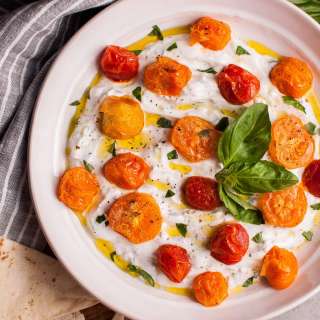 Garlic Greek Yogurt Dip with Roasted Little Tomatoes