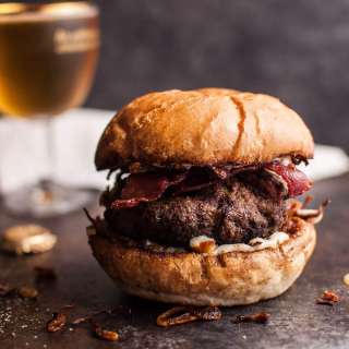 Beef Burgers with Bacon, Horseradish Mayo & Fried Onions