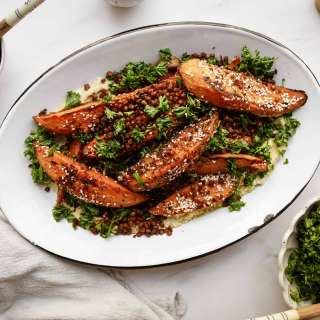 Maple Sesame Roasted Sweet Potatoes with Shawarma Lentils + Hummus