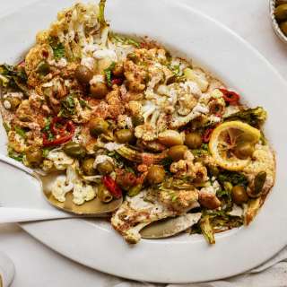 Roasted Cauliflower with Tahini + Chili Olives