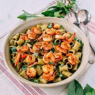Thai Basil Pesto Pasta with Spicy Shrimp