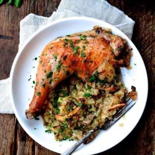 Roast Chicken on Wild Mushroom Sticky Rice “Risotto”