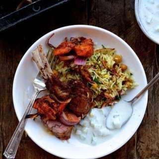 Roasted Rack of Lamb w/ Turkish Spices, Yogurt Sauce, and Rice