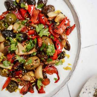 Whipped Feta with Roasted Garlic, Red Pepper and Chili Olives