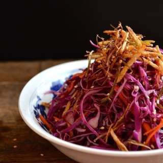 Red Cabbage Salad w/ Crispy Spring Onions and Potato Sticks