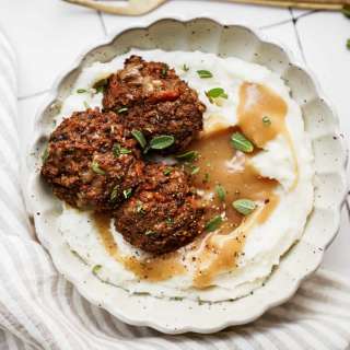 Brown Butter Vegan Meatballs with Mashed Potatoes and Gravy