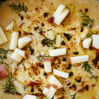 Roasted Potato Soup with Apple and Cheddar