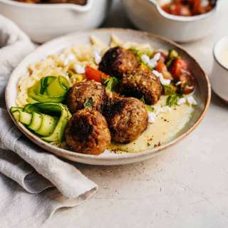 Vegan Greek Meatballs with Whipped Feta and Creamy Orzo