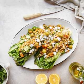 Grilled Romaine Salad with Lentils + Olive Salsa