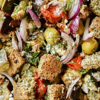 Greek Panzanella Salad with Homemade Croutons (Grain Free)