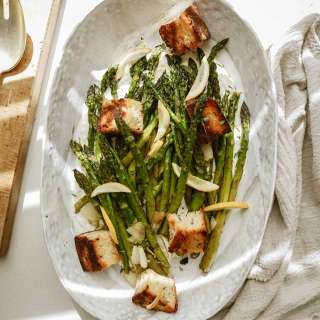 Greek Marinated Asparagus with Croutons and Whipped Feta