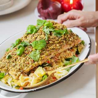 Sheet Pan Herb Crusted Salmon + Oven Baked Rice