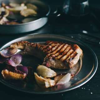 Pork Cutlets with Roasted Fennel, Apples and Onions