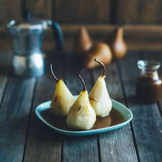 Poached Pears with Espresso Caramel