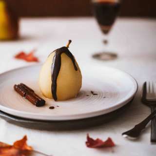 Poached Pears with Chocolate and Muscat