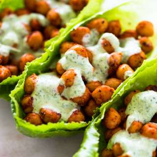 Spicy Chickpea Lettuce Wraps with Cilantro Jalapeno Sauce