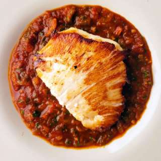 Halibut Cheeks with Saffron Tomato Sauce