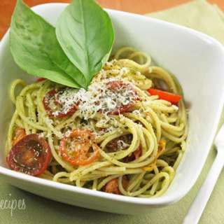 Spaghetti with Garlic Scape Pesto and Tomatoes