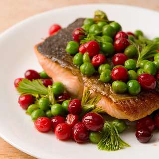 Salmon with Peas, Vattlingon and Spruce Tips
